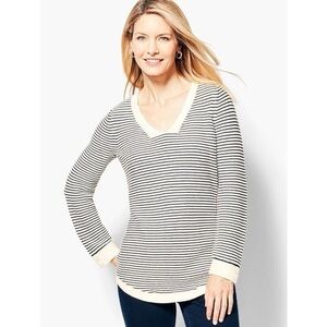 Talbots Sweater Black&White Striped Link Stitch V Neck Pullover Women’s Size‎ L